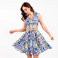 Blue Printed Dress With Crossover & Belt : Ponte Salsa