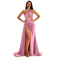 Soft Satin Halter Side Slit Floor | Chicsew