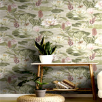 Beige Painted Waterlily Floral Wallpaper | WallsRepublic