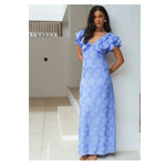Blue Satin Jacquard Ruffle Maxi Dress | Gini London