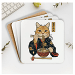 Elegant Cat Eating Ramen Coaster , Tokyo-tiger.com