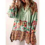Patchwork Frilled Split Neck Blouse | Ursime